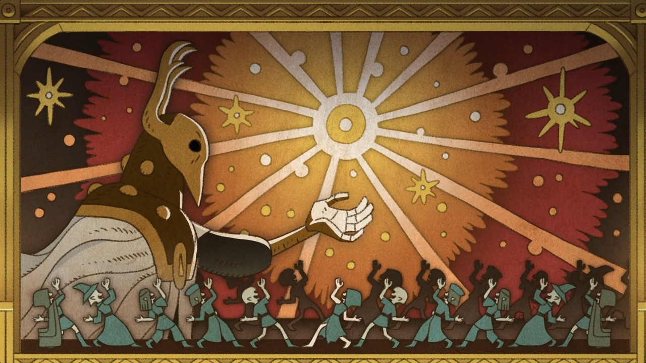 A screenshot from Agony of a Witch, with a mural of Emperor Belos teaching wild witches to do magic 'properly' - the same mural Lilith is later shaken by.