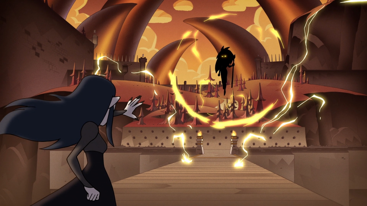 A screenshot from Agony of a Witch, with Eda arriving to duel Lilith.