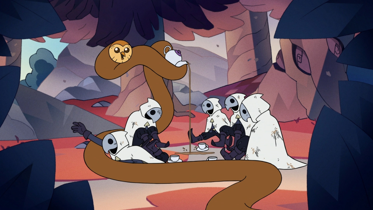 A screenshot from Agony of a Witch, with Hooty holding a 'tea party' with defeated Coven guards.