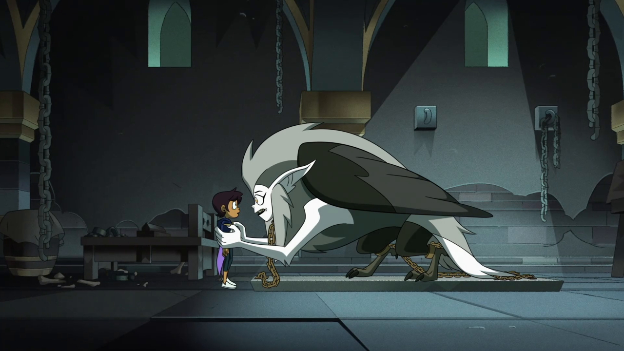 A screenshot from Young Blood, Old Souls, with Eda holding Luz tight while trying to get her to leave.