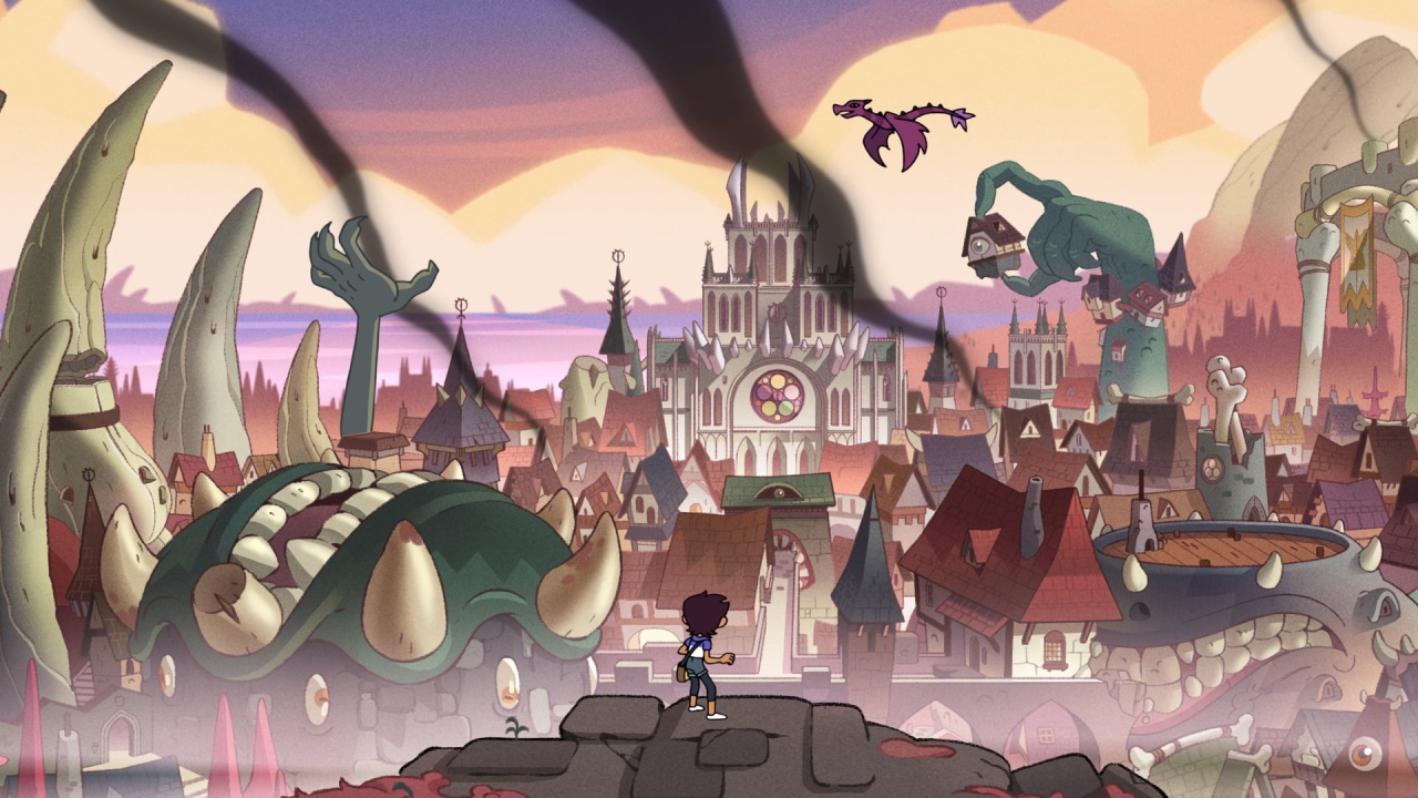 A screenshot from A Lying Witch and a Warden, showing off a wide landscape shot of Bonesborough.