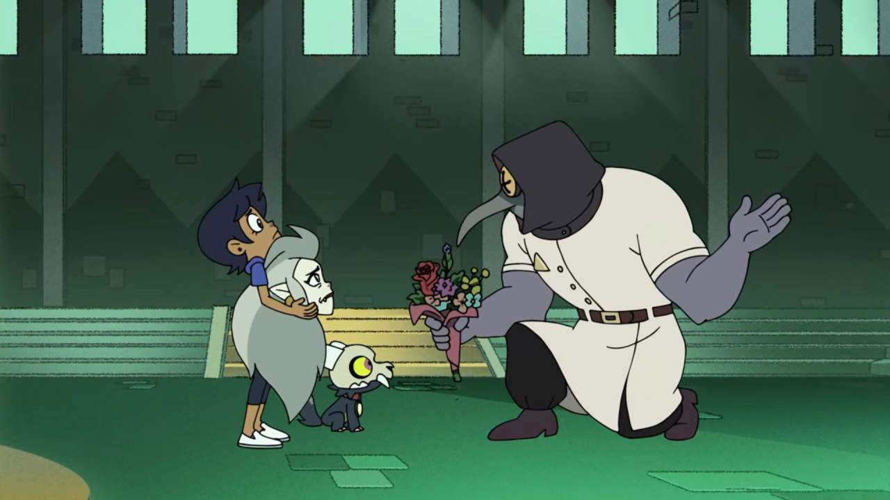A screenshot from A Lying Witch and a Warden, with Warden Wrath holding a bouquet of flowers for Eda.