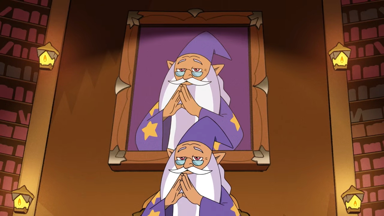 A screenshot from Witches Before Wizards, with 'Adegast' posed in front of an identical portrait of himself.