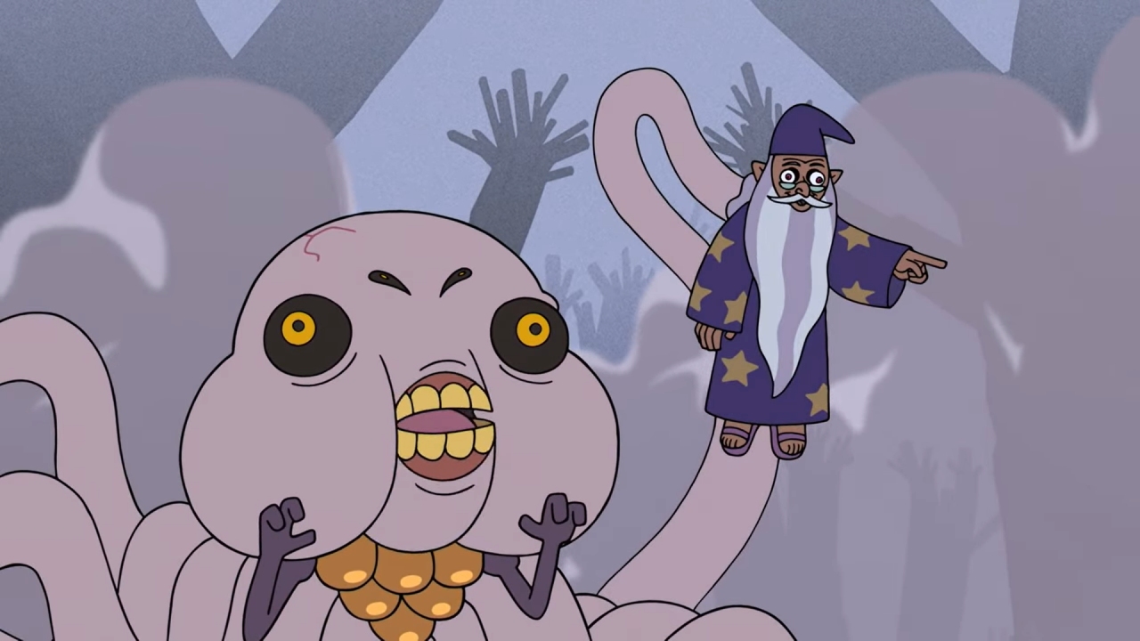 A screenshot from Witches Before Wizards, with Adegast's true form puppeteering his wizard body.