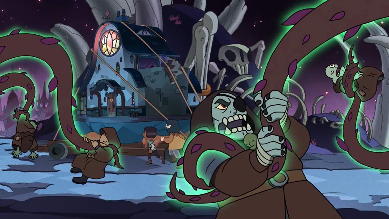 A screenshot from Hooty's Moving Hassle, with Willow using plant magic to defeat the demon hunters.