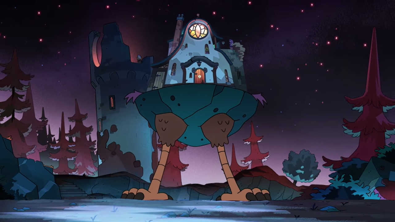 A screenshot from Hooty's Moving Hassle, with the titular Owl House growing legs.