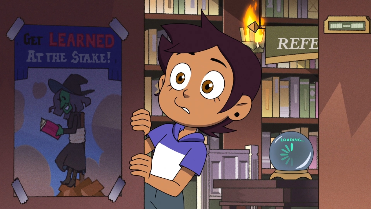 A screenshot from Lost in Language, with Luz peeking past a corner to see Amity reading.