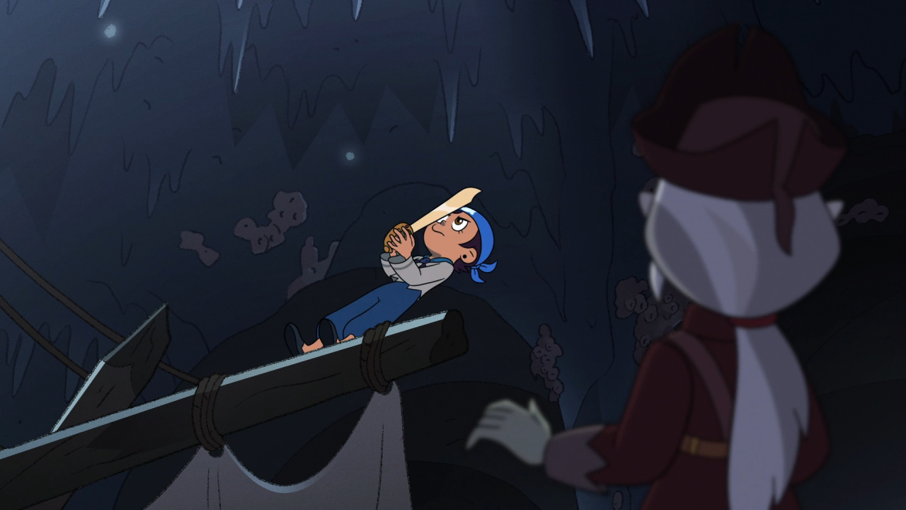 A screenshot from Separate Tides, with Luz plunging into the Selkidomus den.