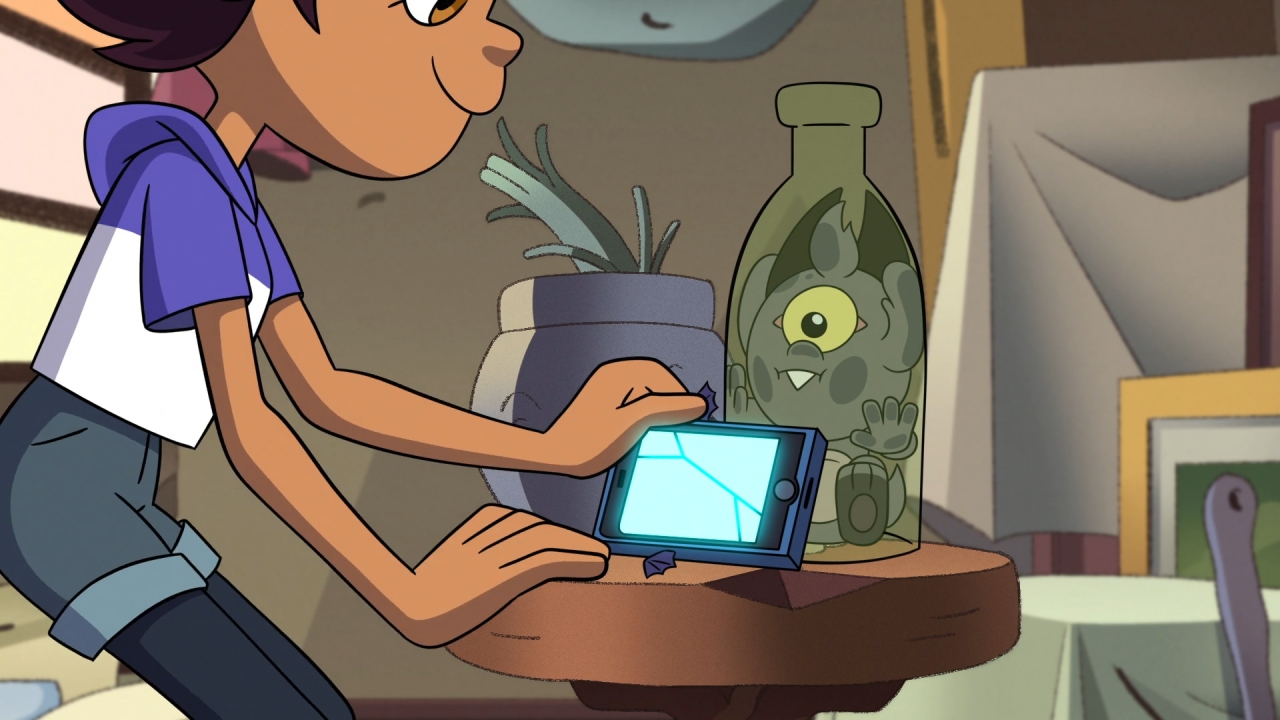 A screenshot from Separate Tides, with Luz leaning her phone on a captured Garlog to record a message.