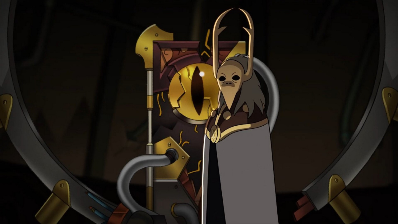A screenshot from Separate Tides, with Belos staring menacingly into the camera as he repairs the portal door.