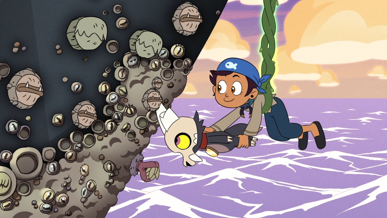 A screenshot from Separate Tides, with Luz using King's horn to scrape barnacles off the pirate ship.