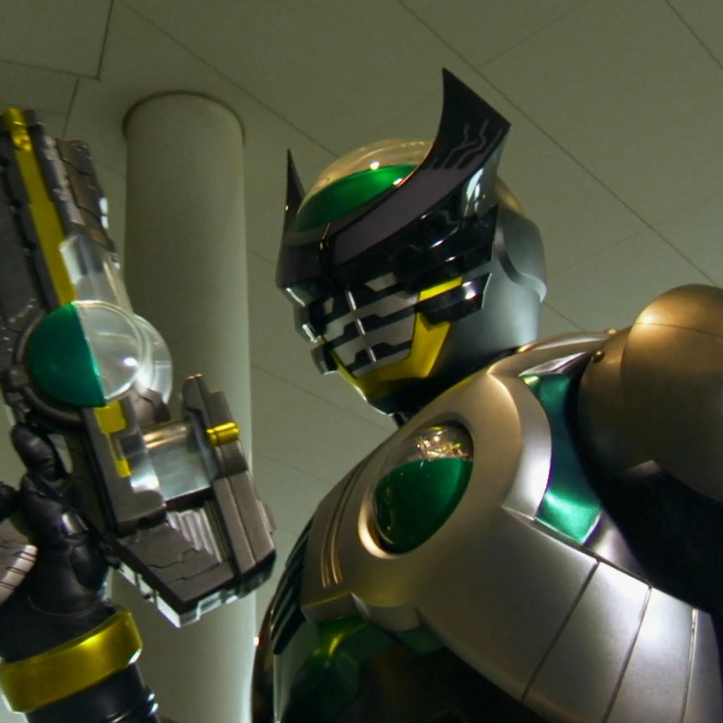A shot of Kamen Rider Birth's debut in Kamen Rider × Kamen Rider OOO & W Featuring Skull: Movie War Core.