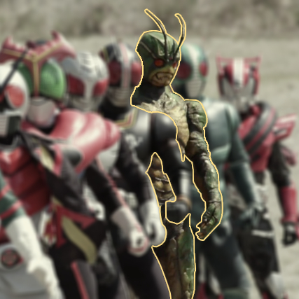 A modified shot from Saber + Zenkaiger: Superhero Senki. Kamen Rider Shin (and his deteriorated suit) are highlighted in a slightly blurred lineup of various past Riders.